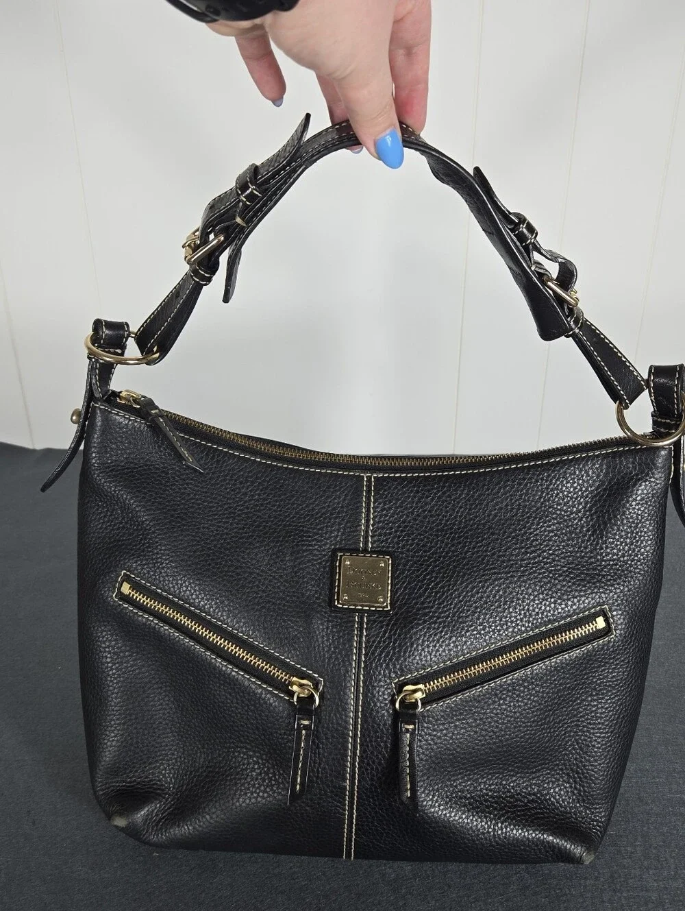 Dooney & Bourke Black Pebbled Leather Hobo with Gold Hardware Travel Plane